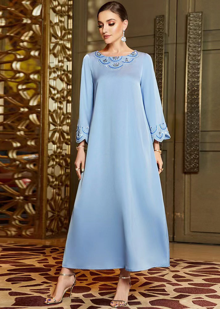 Casual Blue Embroidered Nail Bead Chiffon Vacation Long Dresses Long Sleeve