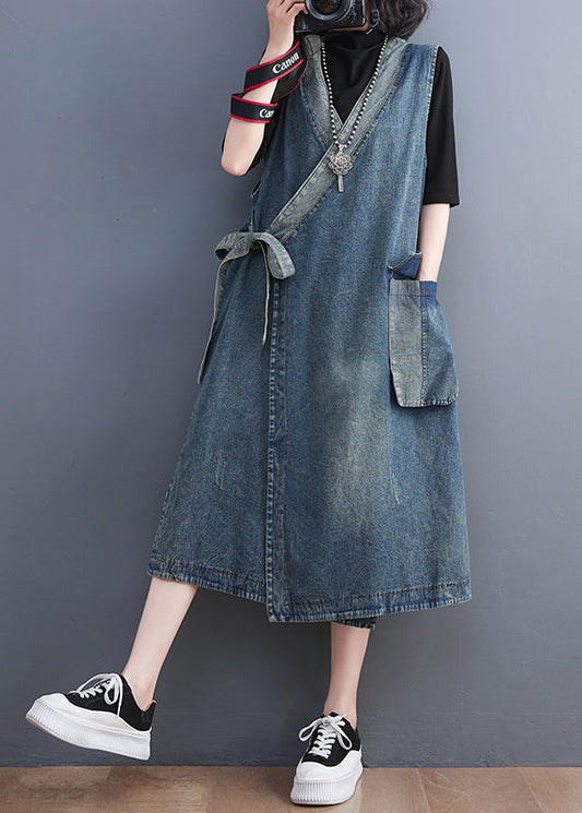 Casual Blue V Neck Asymmetrical Patchwork Tie Waist Denim Long Dresses Sleeveless