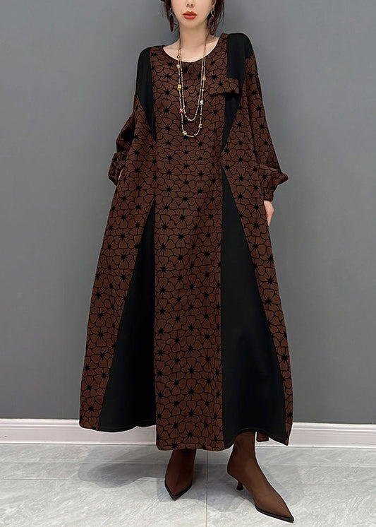 Casual Brown O Neck Wrinkled Print Patchwork Cotton Long Dresses Fall