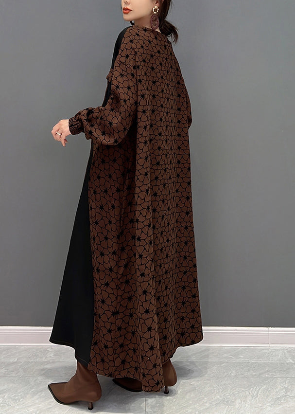 Casual Brown O Neck Wrinkled Print Patchwork Cotton Long Dresses Fall