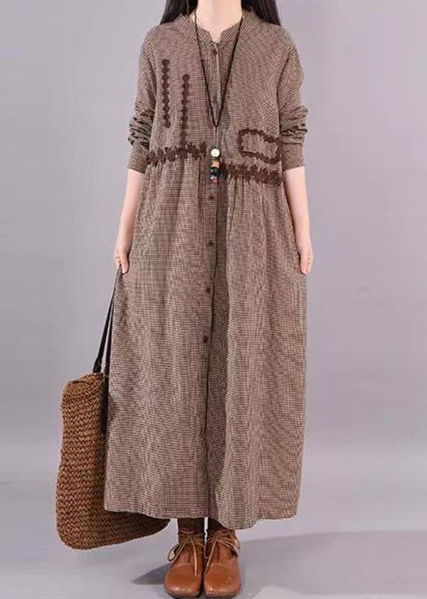 Casual Coffee O Neck Plaid Patchwork Cotton Long Dress Fall