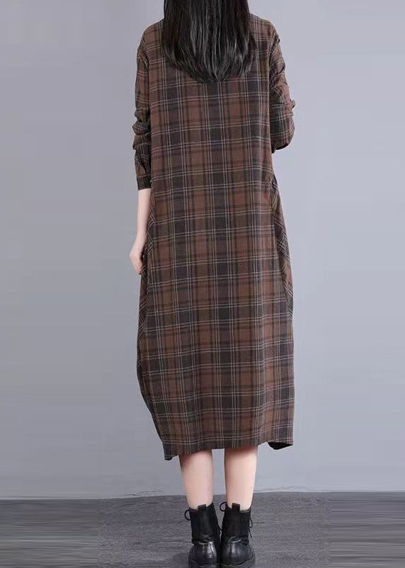 Casual Coffee Plaid Patchwork Cotton Shirts Dress Fall