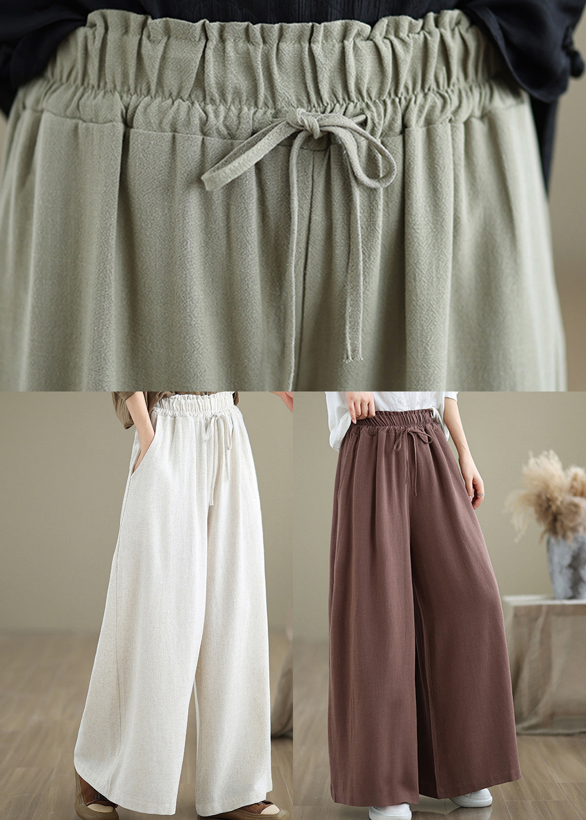 Casual Coffee Pockets Drawstring Cotton Wide Leg Pants Fall