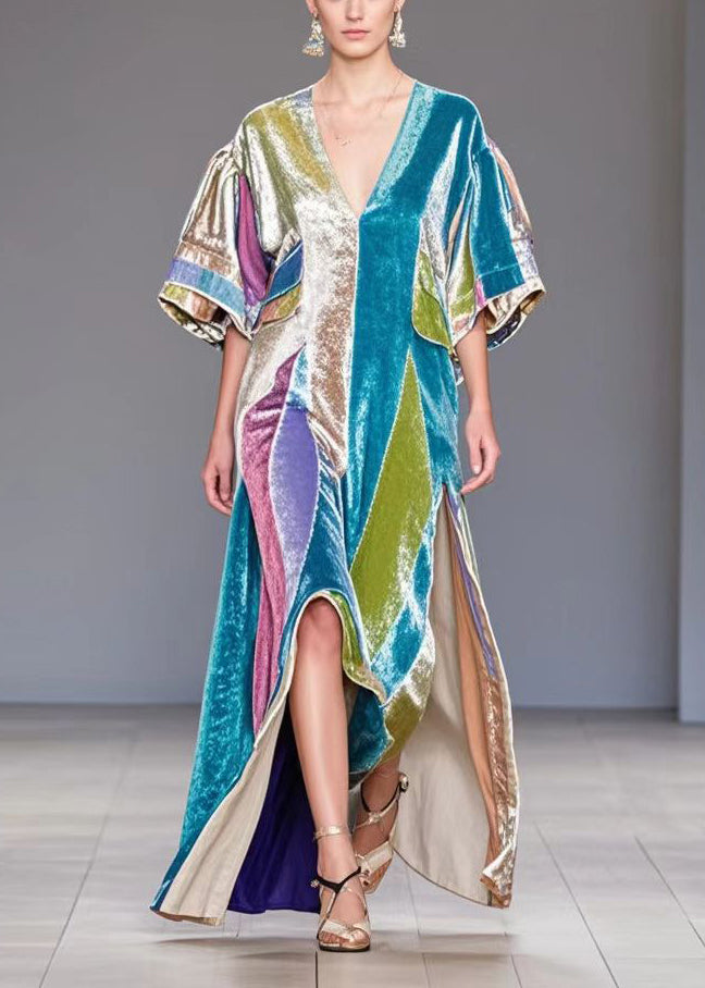 Casual Colorblock Asymmetrical Side Open Silk Velvet Long Dress Fall