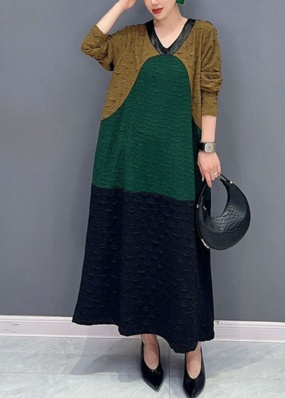 Casual Colorblock O-Neck Long Dresses Fall