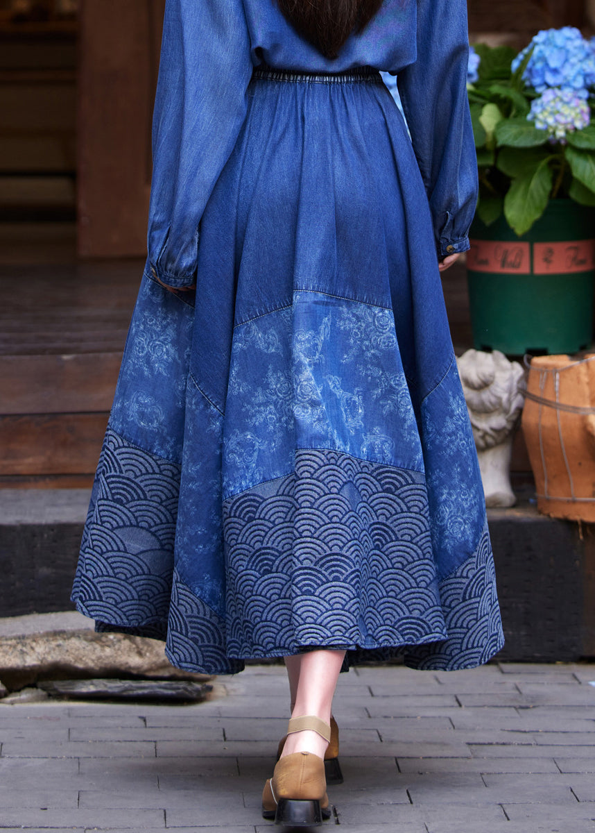 Casual Denim Blue Print Tie Waist Maxi Skirt Summer