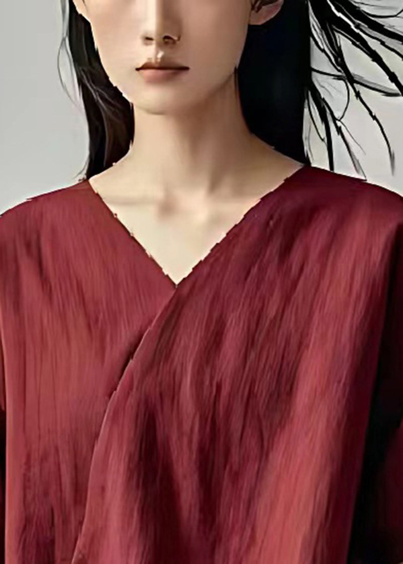 Casual Dull Red Oversized Patchwork Linen Blouse Tops Summer