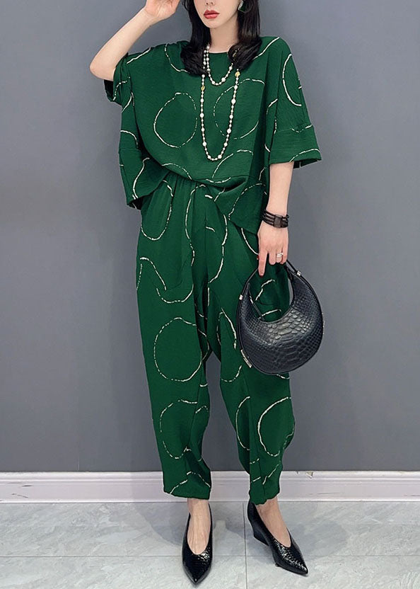 Casual Green O-Neck Print Tops And Pants Patchwork Cotton Two Pieces Set Summer