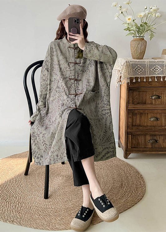 Casual Green Oversized Print Linen Coat Outwear Fall