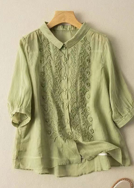 Casual Green Peter Pan Collar Embroidered Button Shirt Half Sleeve