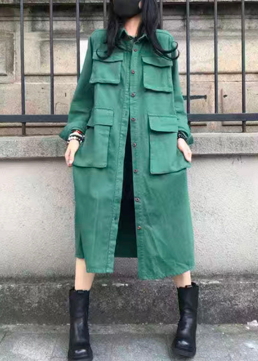 Casual Green Peter Pan Collar Pockets Patchwork Cotton Trench Fall