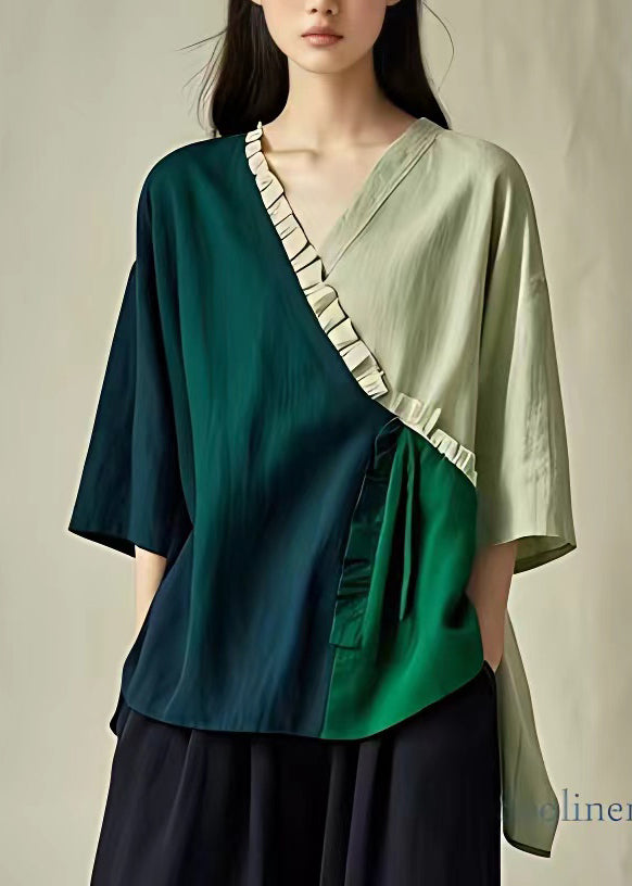 Casual Green V Neck Ruffled Patchwork Shirts Summer