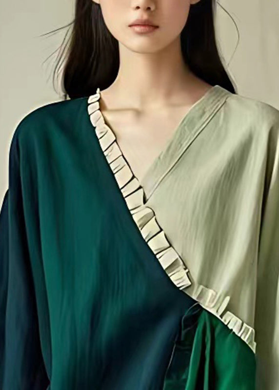 Casual Green V Neck Ruffled Patchwork Shirts Summer