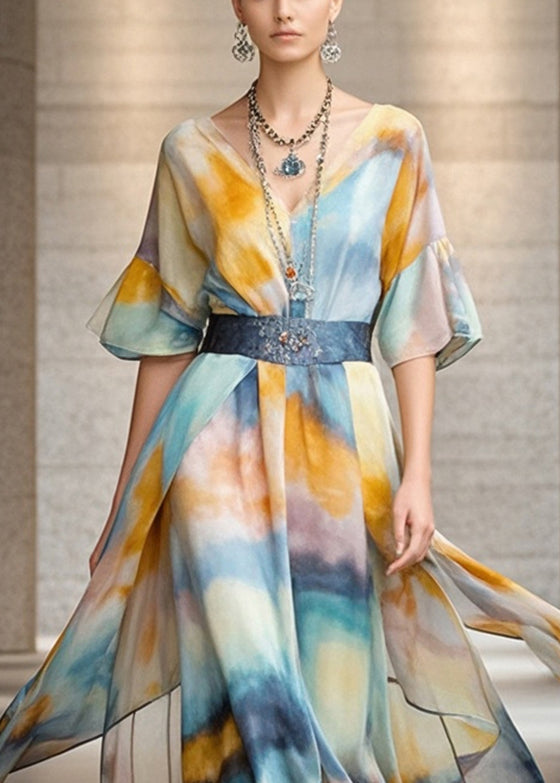 Casual Khaki Cinched Tie Dye Chiffon Vacation Dresses Summer