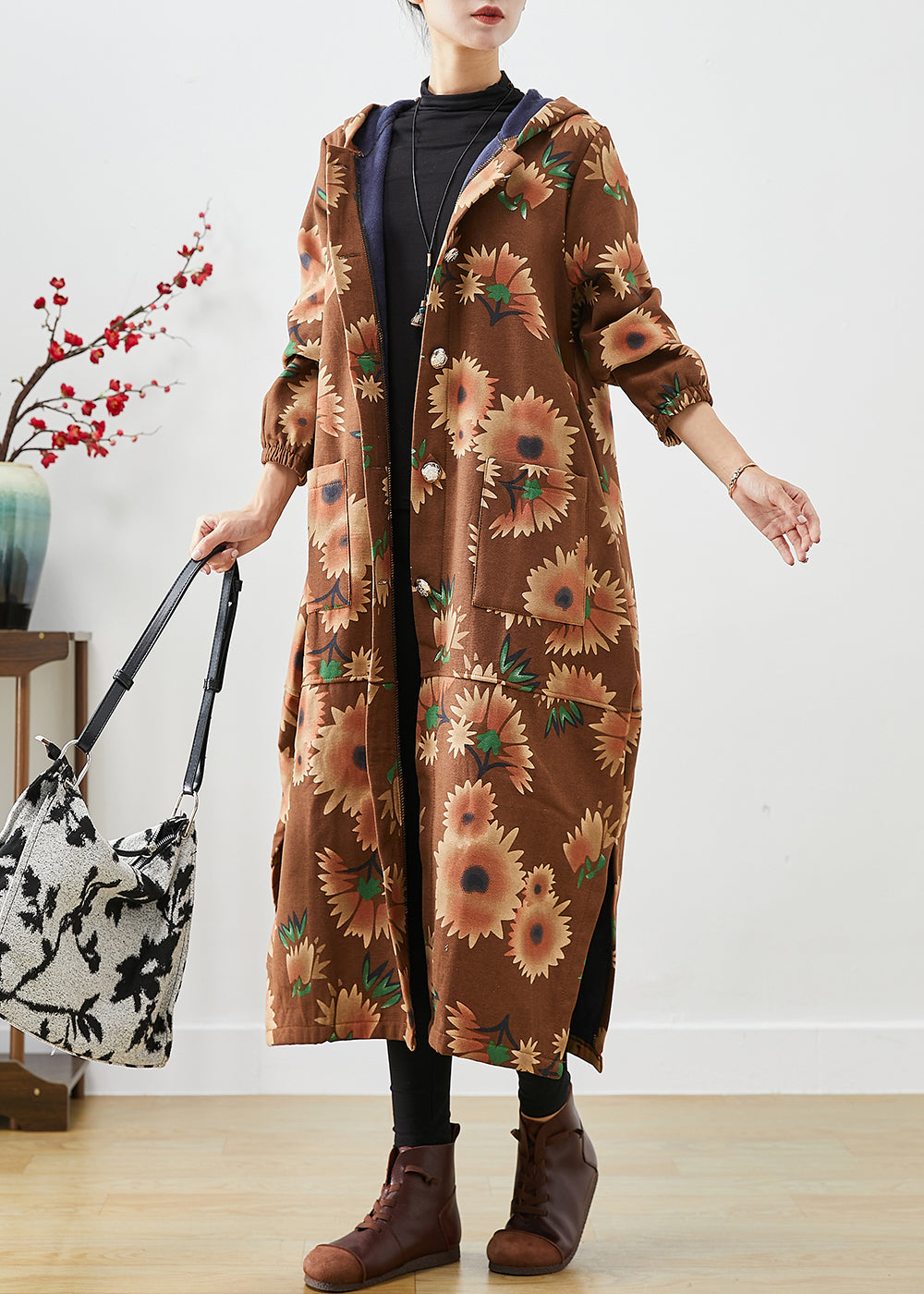 Casual Khaki Hooded Floral Print Warm Fleece Coats Winter