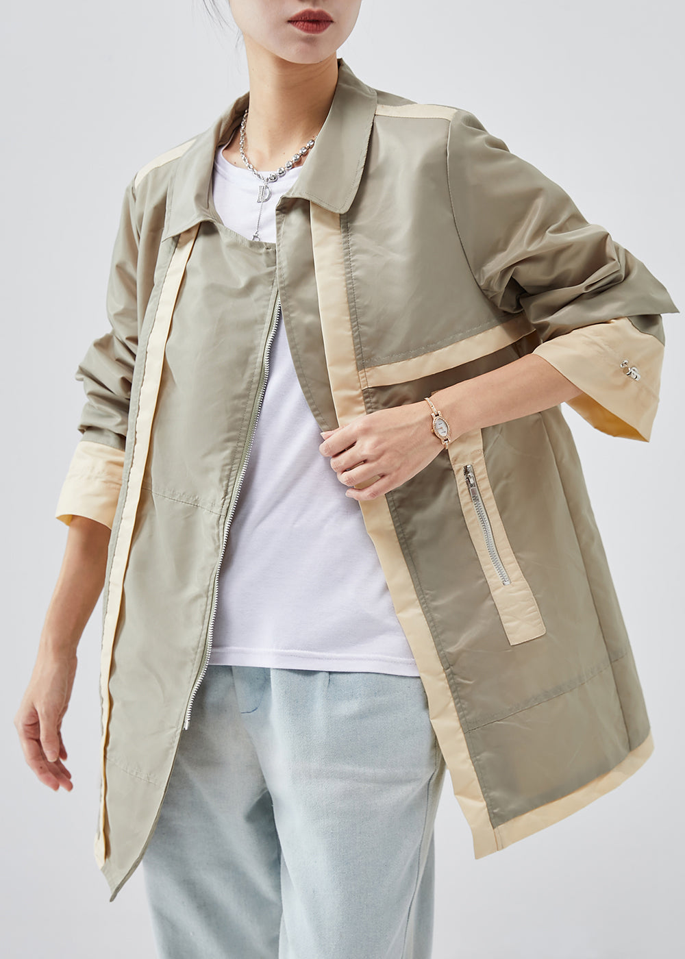 Casual Light Green Zip Up Patchwork Cotton Trench Spring