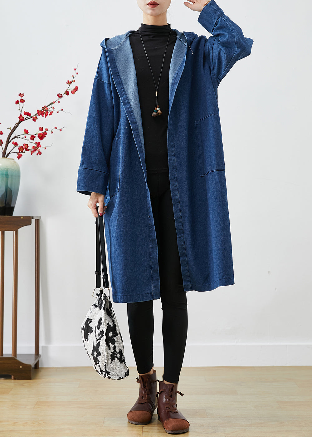 Casual Navy Hooded Oversized Cotton Trench Coats Fall