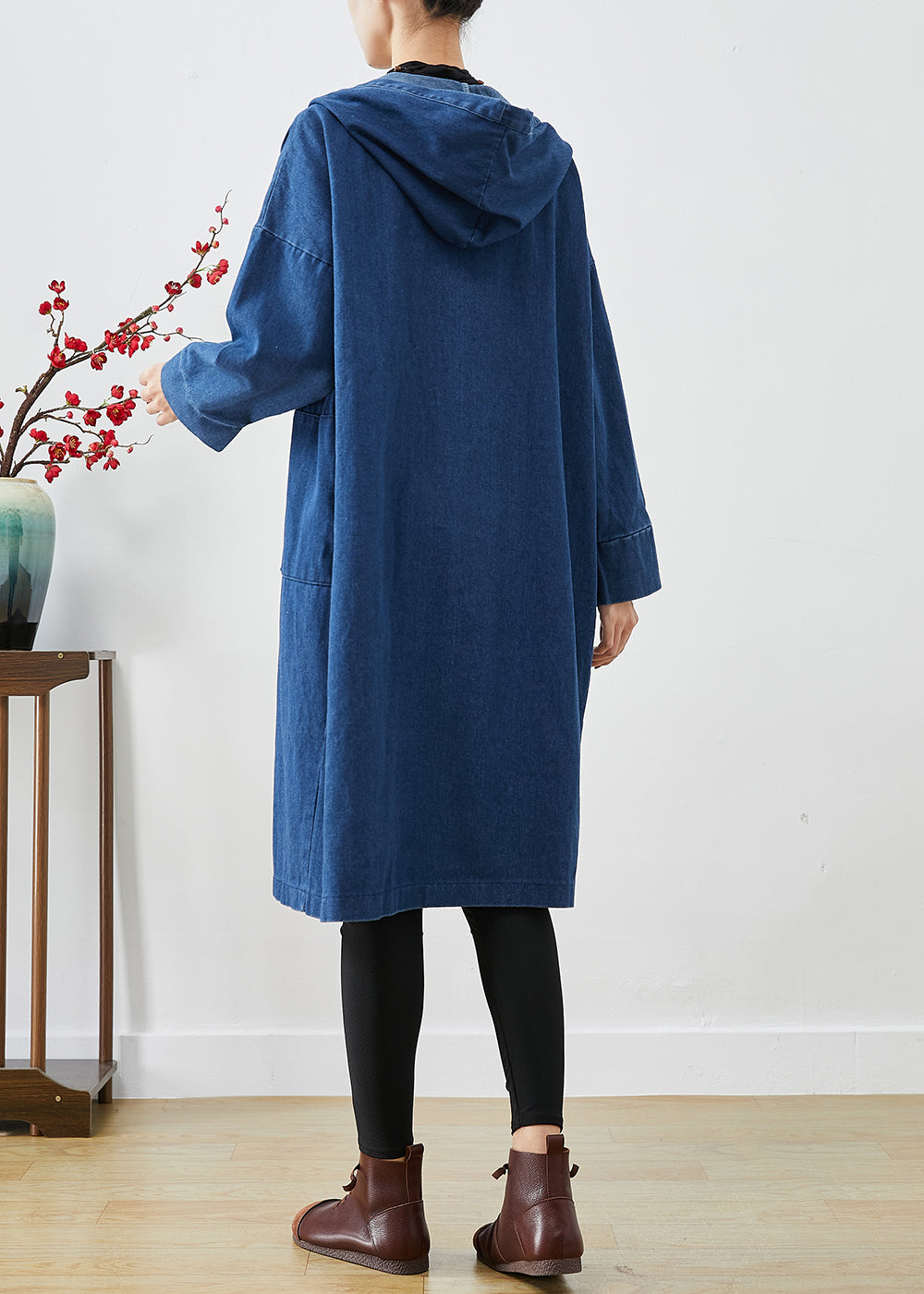 Casual Navy Hooded Oversized Cotton Trench Coats Fall