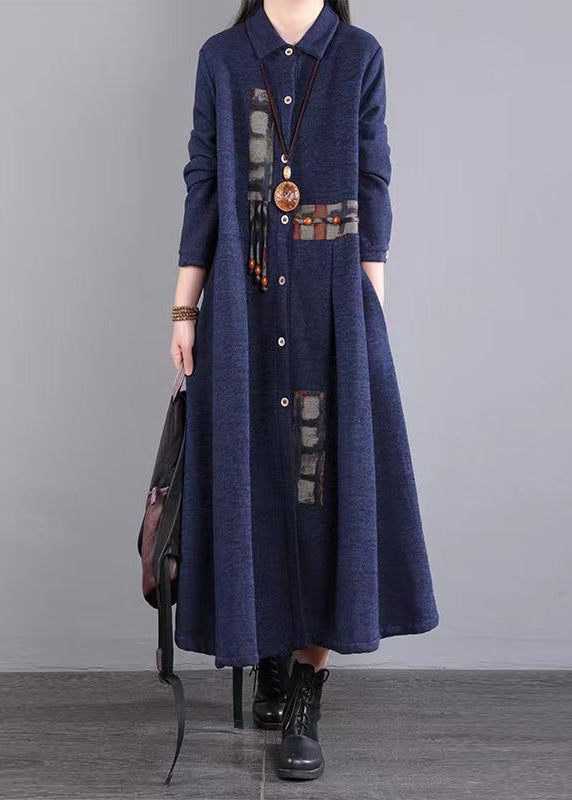 Casual Navy Peter Pan Collar Patchwork Warm Fleece Long Dress Winter