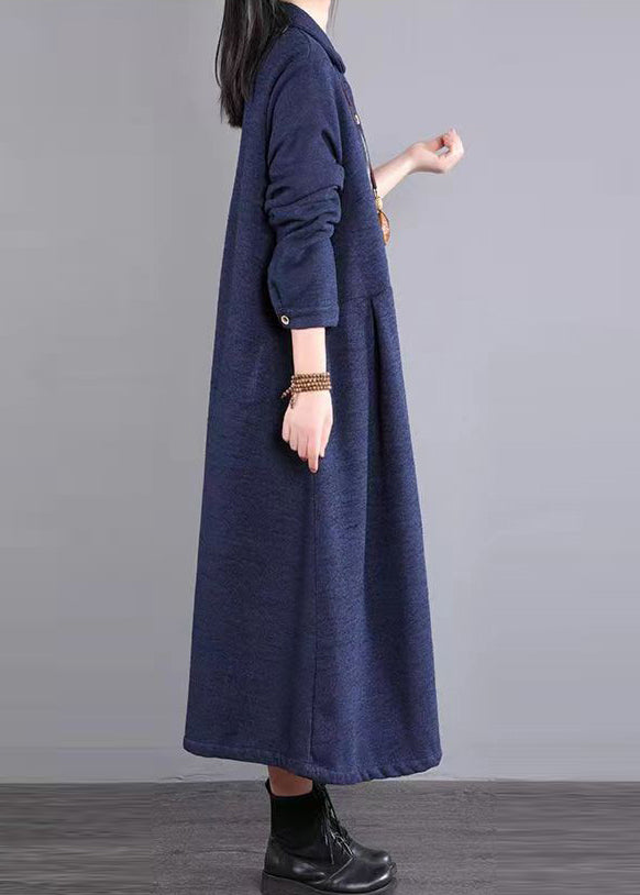 Casual Navy Peter Pan Collar Patchwork Warm Fleece Long Dress Winter