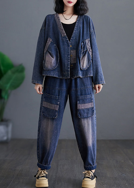 Casual Navy V Neck Patchwork Denim Coats And Harem Pants Two Pieces Sets Long Sleeve