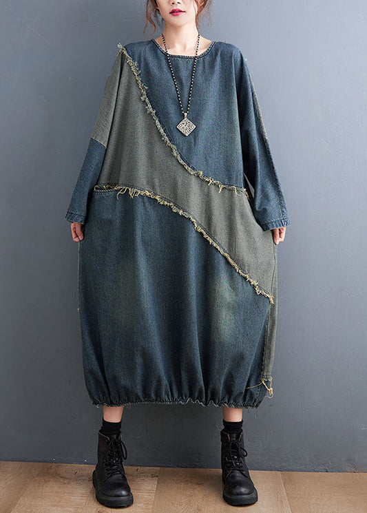 Casual O-Neck Drawstring Patchwork Denim Maxi Dresses Fall