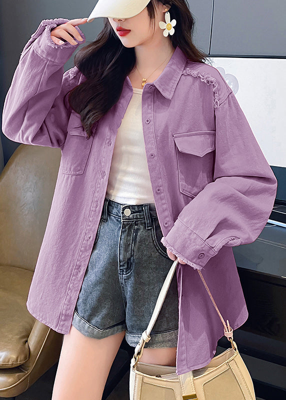 Casual Pink Peter Pan Collar Pockets Denim Shirts Coat Fall