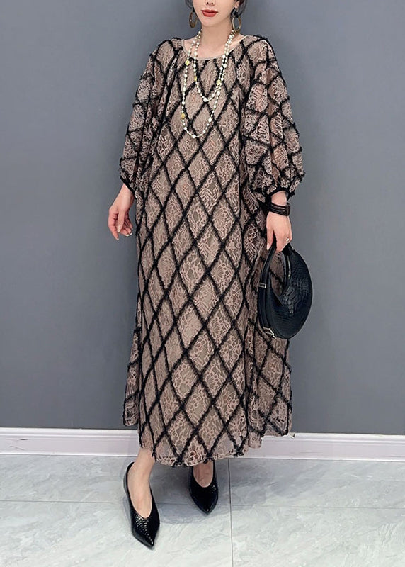 Casual Plaid O Neck Patchwork Tulle Long Dress Fall