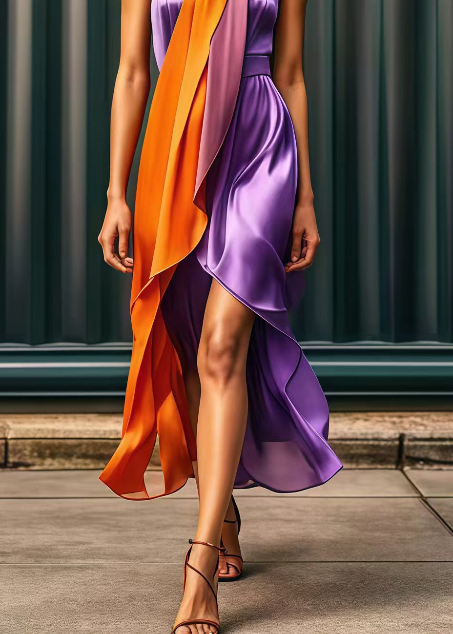 Casual Purple Asymmetrical Patchwork Silk Holiday Dress Summer