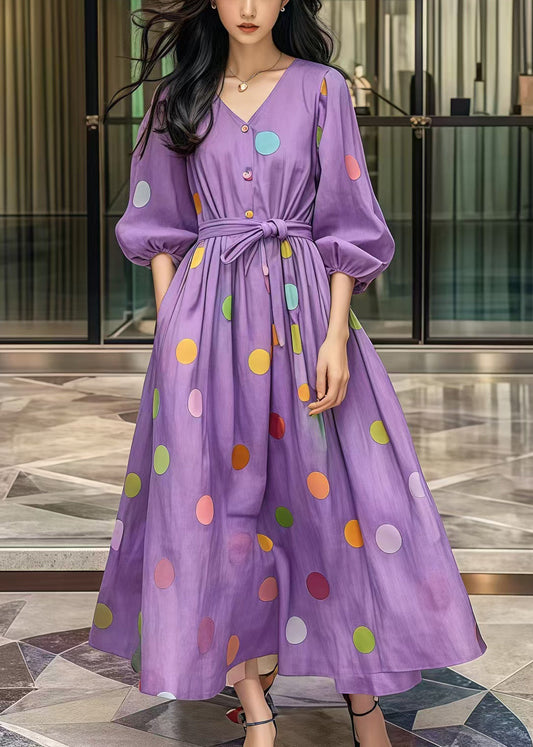 Casual Purple Tie Waist Print Cotton Robe Dresses Fall