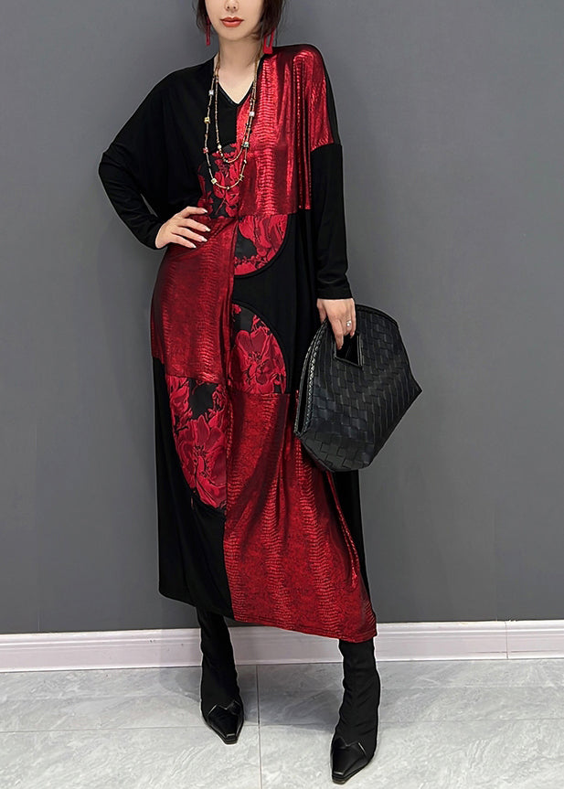 Casual Red Black V Neck Print Patchwork Cotton Long Dress Fall