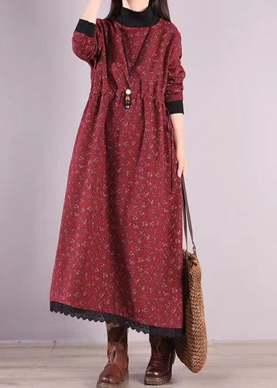 Casual Red Print Drawstring Patchwork Warm Fleece Dresses Winter