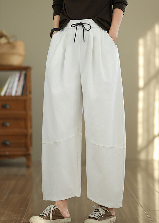 Casual White Pockets Drawstring Cotton Pants Fall