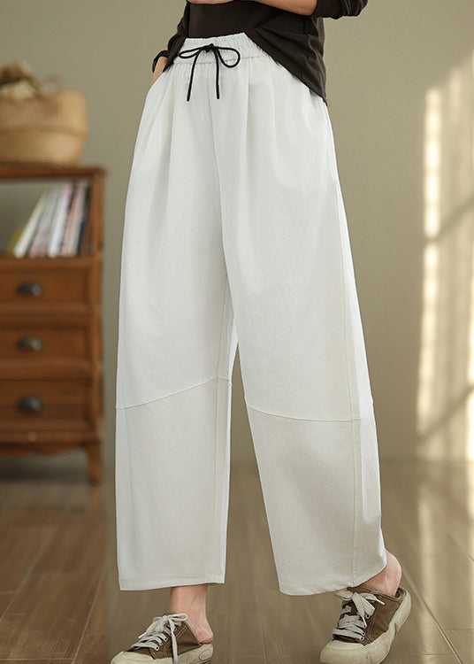 Casual White Pockets Drawstring Cotton Pants Fall