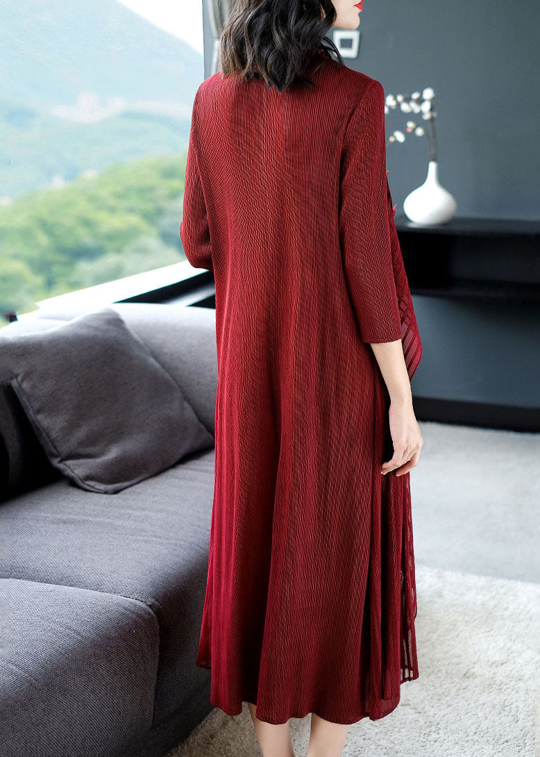 Casual Wine Red O-Neck Floral Patchwork Fake Two Pieces Maxi Dress Long Sleeve