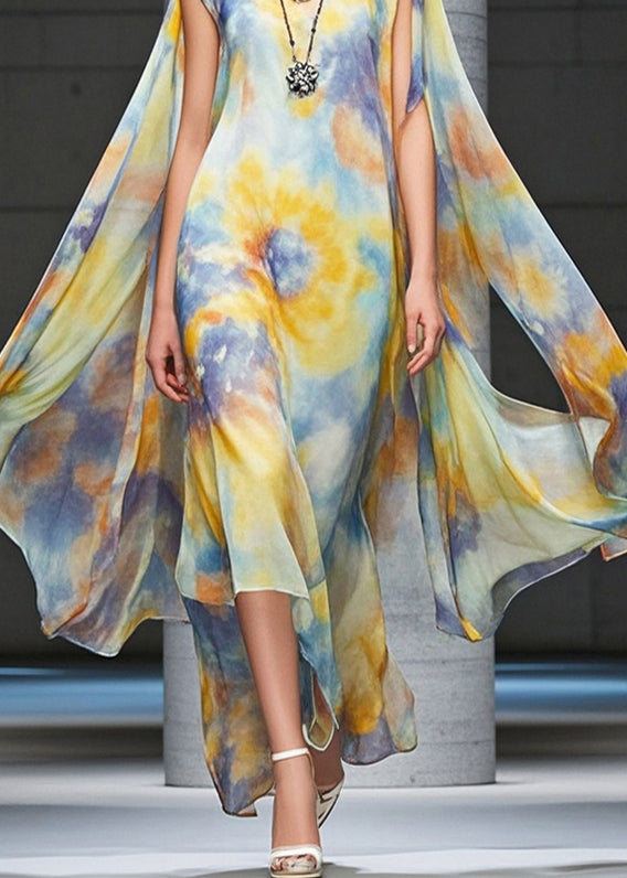 Casual Yellow Asymmetrical Tie Dye Chiffon Beach Dress Summer