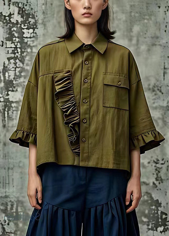 Chic Army Green Ruffled Cotton Blouse Tops Flare Sleeve