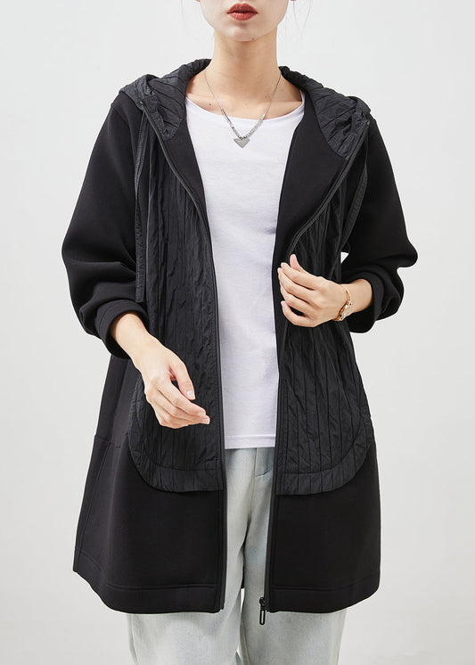 Chic Black Hooded Patchwork Cotton Coat Outwear Spring