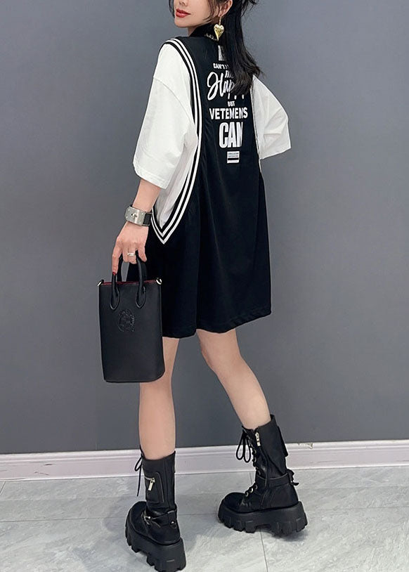 Chic Black Letter Print Patchwork Cotton Sport Mid Dress Summer