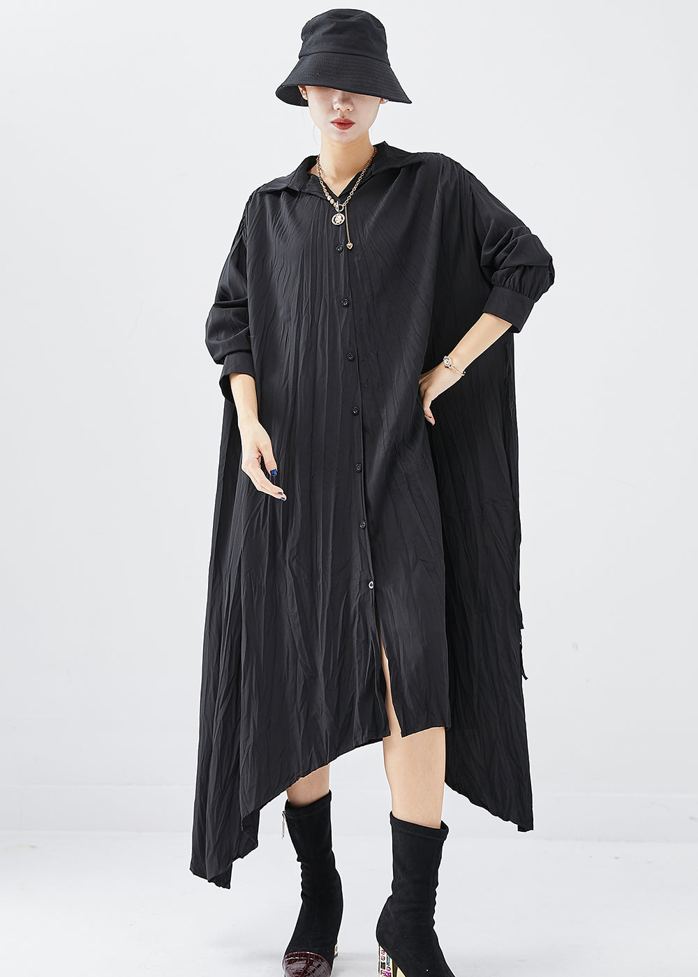 Chic Black Oversized Asymmetrical Design Cotton Shirt Dress Fall