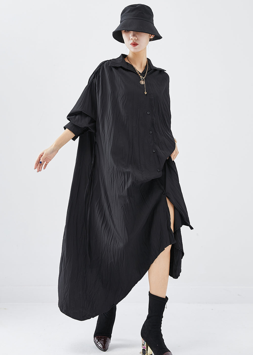 Chic Black Oversized Asymmetrical Design Cotton Shirt Dress Fall