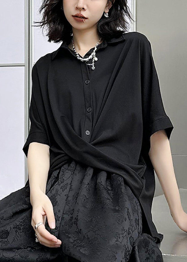 Chic Black Peter Pan Collar Asymmetrical Patchwork Cotton Shirt Top Summer