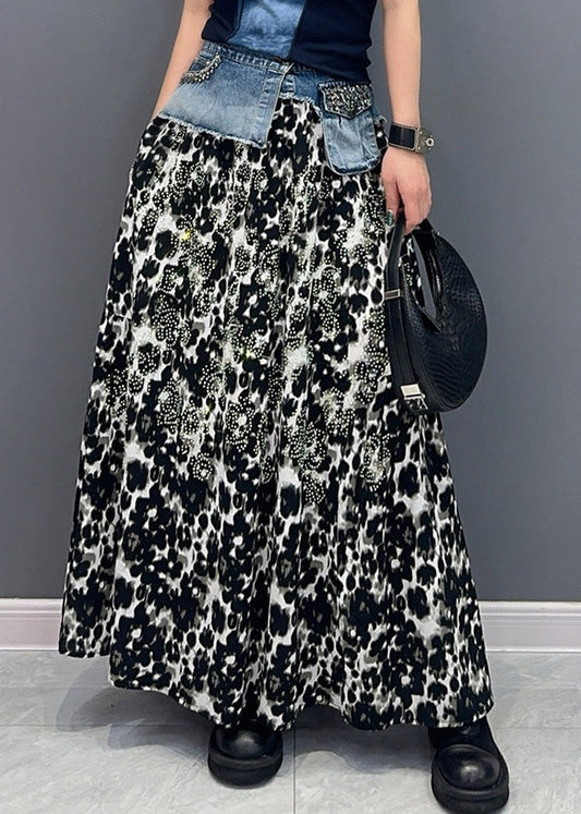 Chic Black Print High Waist Cotton Skirt Fall