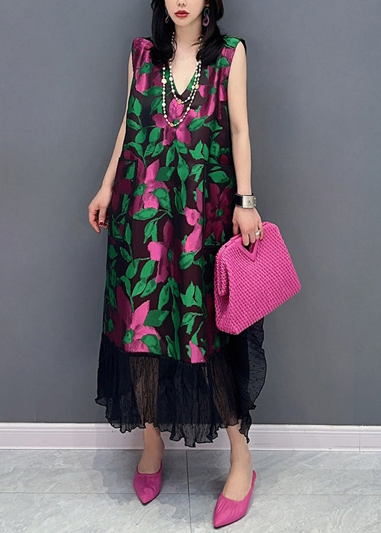 Chic Black V Neck Print Cotton Long Dresses Sleeveless