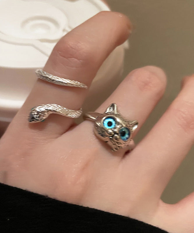 Chic Blue Alloy Glass Little Cats And Snake Rings Two Pieces Set