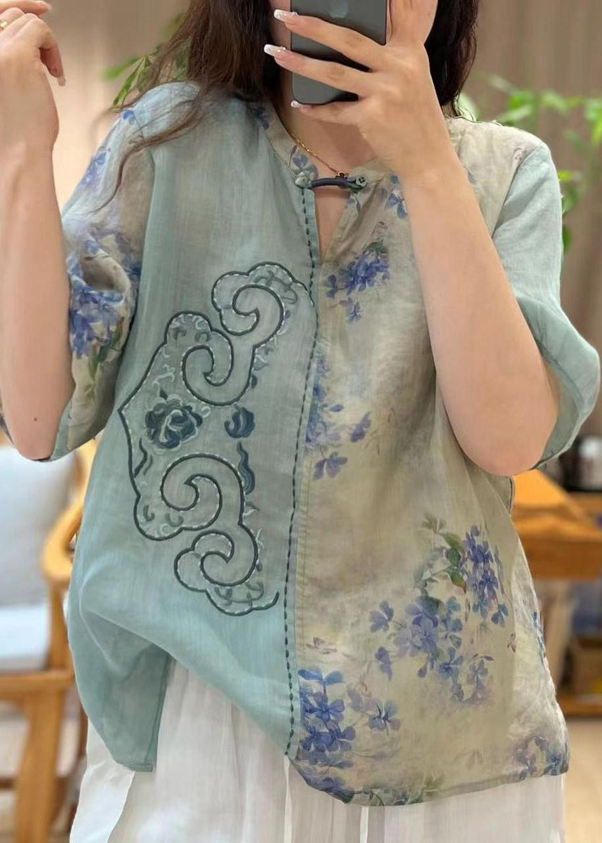 Chic Blue Embroidered Print Patchwork Linen Tops Half Sleeve