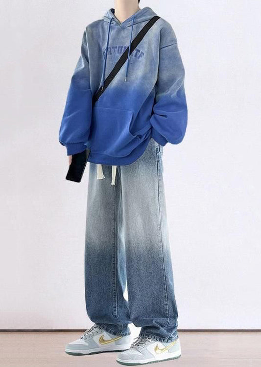 Chic Blue Gradient Color Hooded Sweatshirts And Denim Pants Mens Two Pieces Set Fall