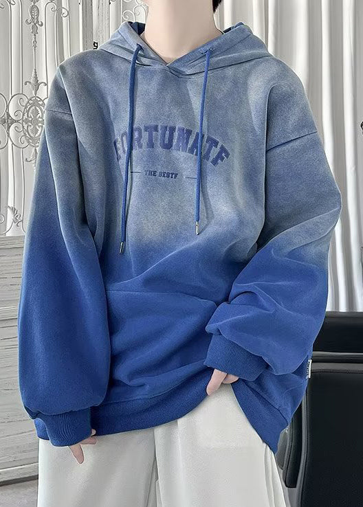 Chic Blue Gradient Color Hooded Sweatshirts And Denim Pants Mens Two Pieces Set Fall