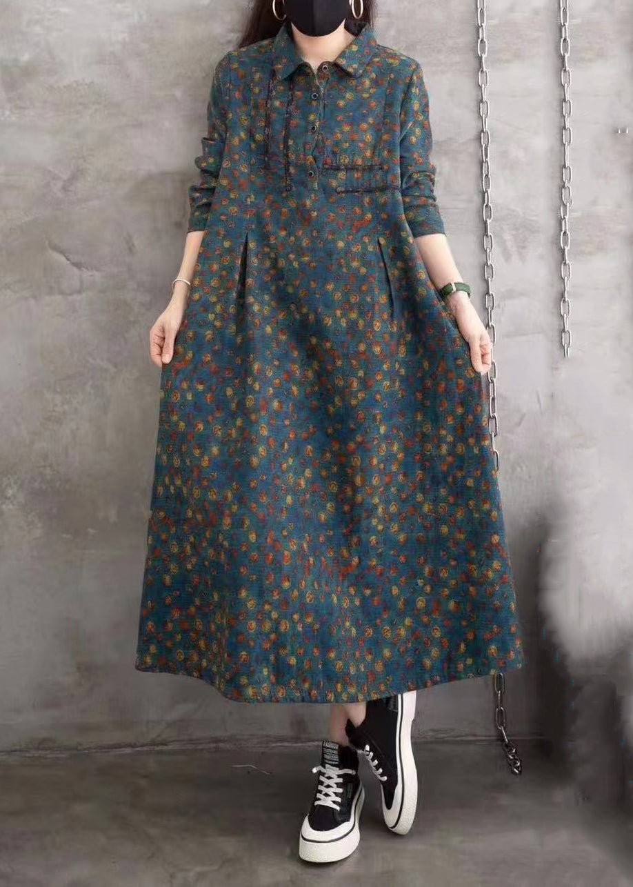 Chic Blue Peter Pan Collar Print Wrinkled Button Long Shirts Dress Spring