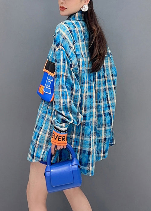 Chic Blue Plaid Button Patchwork Cotton Blouses Long Sleeve